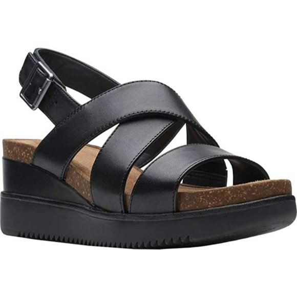 Clarks Shoes - Clarks | Women's Lizby Cross Wedge Sandal Black Leather Adjustable Comfort Sz 8